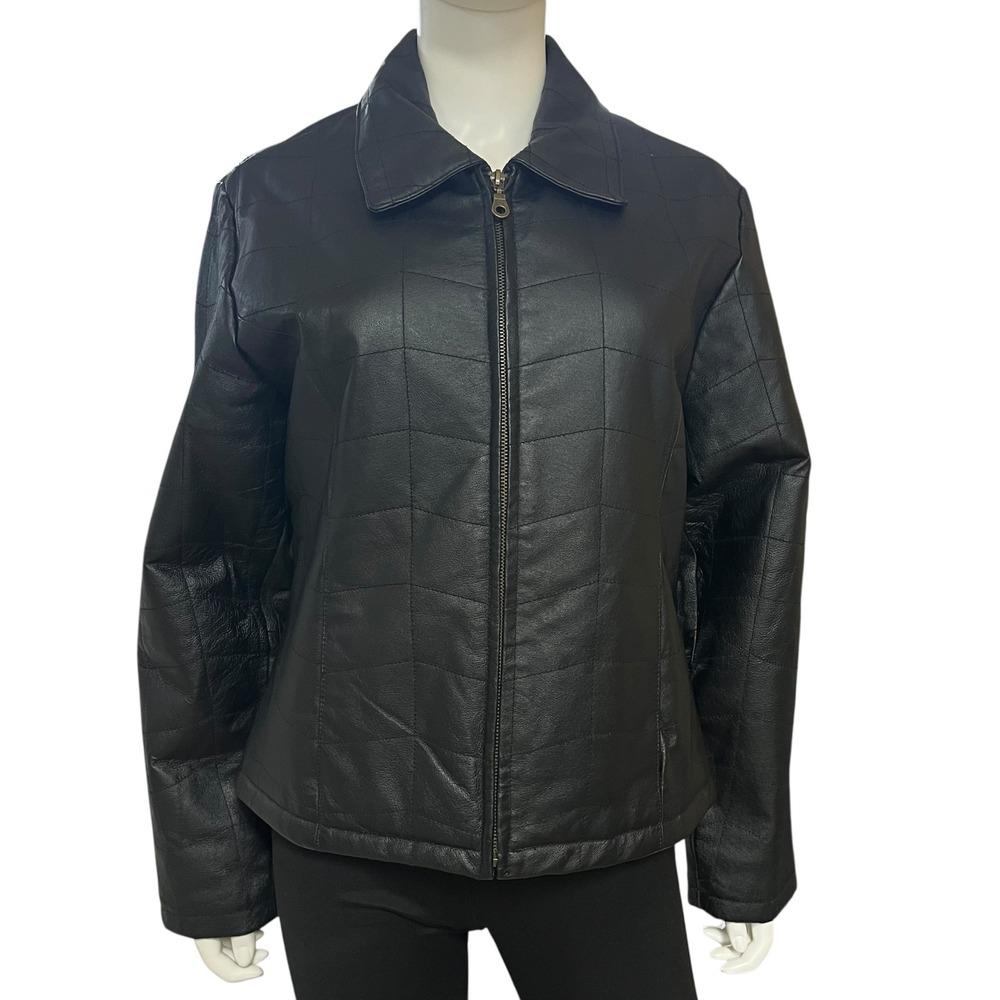KC Collections Womens Large Black Leather Cropped Quilted Style Zip‎ Jacket